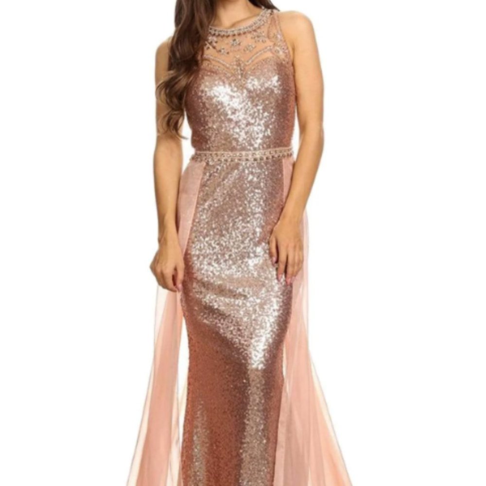 Eureka Sequin Illusion Halter Evening Prom Dress W/Sheer Overlay Rose Gold XS